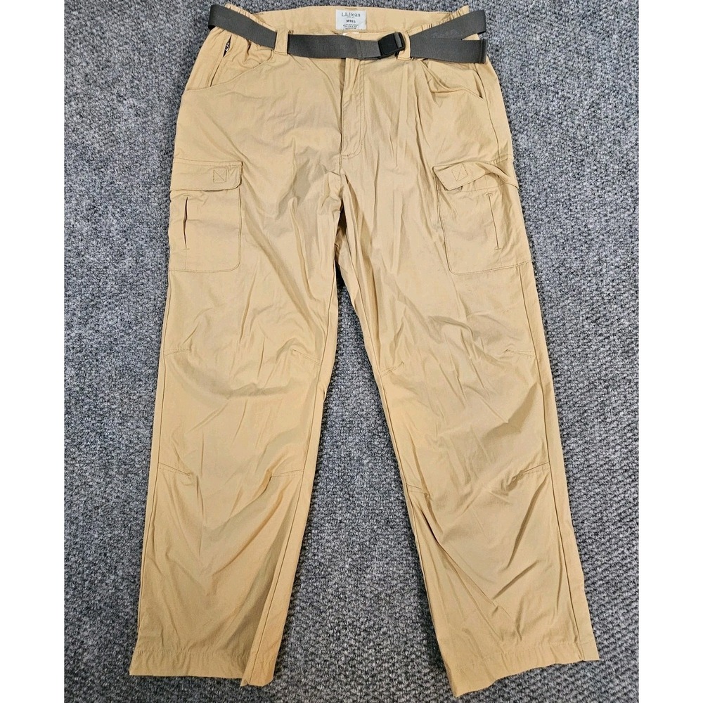 LL Bean Nylon Beige Khaki Belted Pants Mens Size Medium Performance Hiking